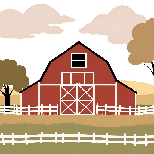 a red barn with a white fence and trees