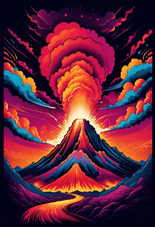 a close up of a volcano with a bright orange sky