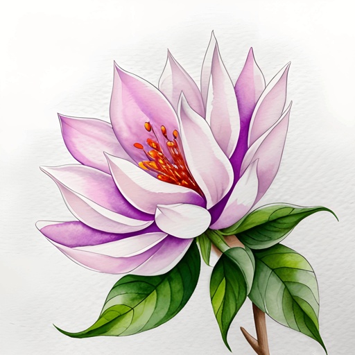 painting of a pink flower with green leaves on a white background