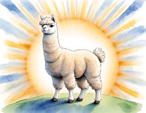 a llama standing on a hill with a sun in the background