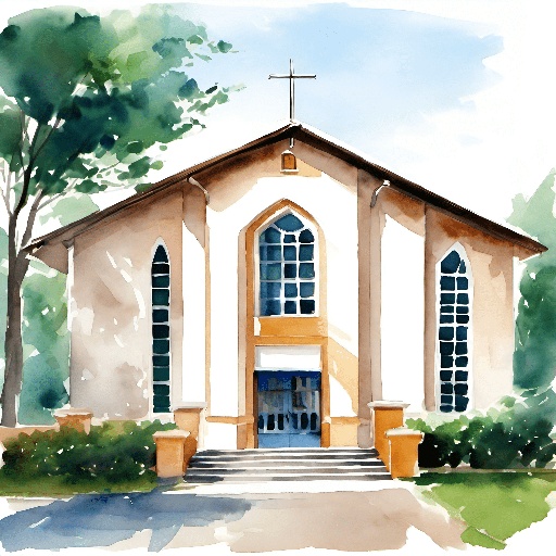 painting of a church with a cross on the front door