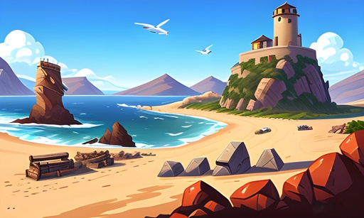 a cartoon style picture of a beach with a lighthouse