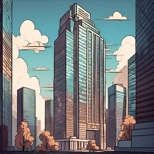 cartoon illustration of a city with tall buildings and trees