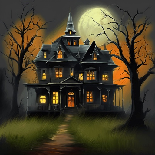 painting of a creepy house with a full moon in the background