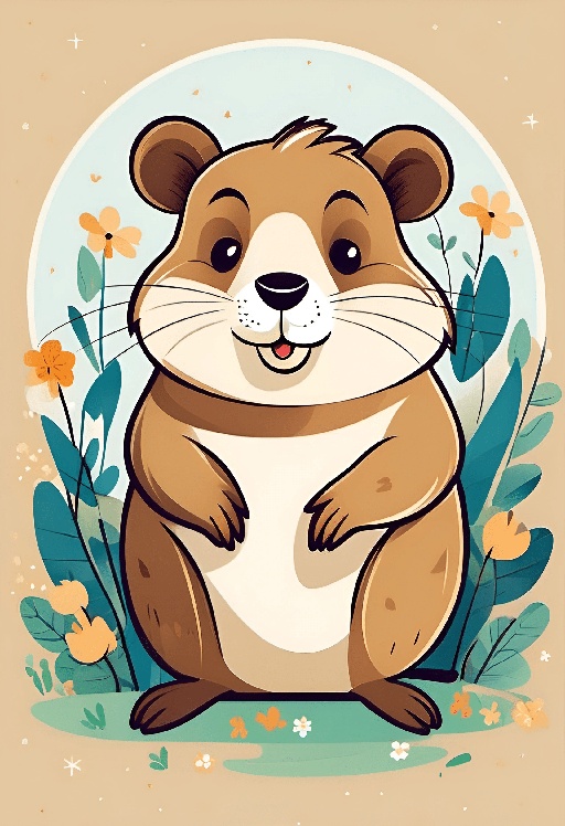 a cartoon hamster standing in the grass with flowers