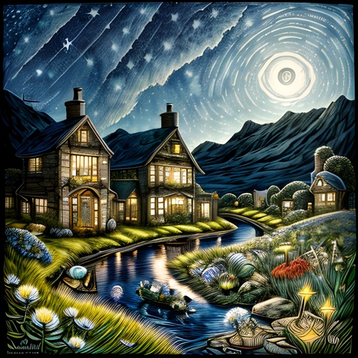 painting of a night scene with a river and a house