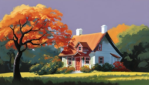 painting of a house in the fall with a tree in the foreground