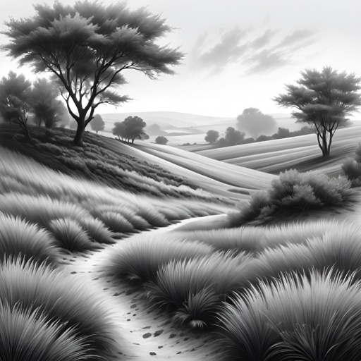 a black and white painting of a landscape with trees and bushes