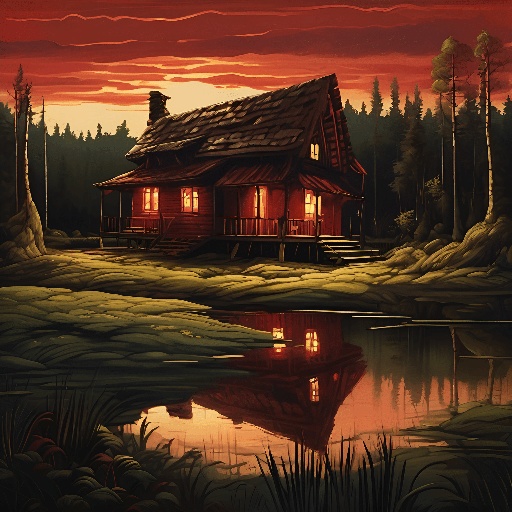 painting of a cabin by a lake at sunset with a red sky