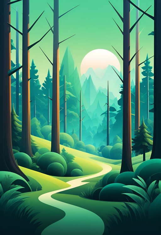 illustration of a forest scene with a winding path and a mountain in the distance