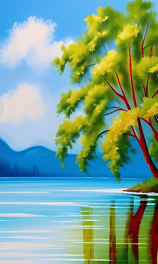 painting of a tree and a lake with a mountain in the background