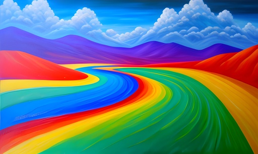 painting of a rainbow colored landscape with a stream of water